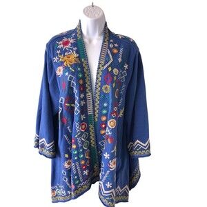 Johnny Was Blue Prisca Embroidered Draped Open Front Cardigan Size XXL